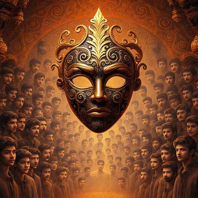 The primary subject of the image is a large, ornate mask. The mask is the main object, scene, or focus of the image. The setting/background features a crowd of people surrounding the mask, with some of them appearing to be wearing masks as well. The visual style of the image is digital art, as it is a detailed and intricate illustration. The colors and mood of the image are dark and dramatic, with the mask and the crowd creating a sense of mystery and intrigue.